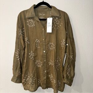NWT anthropologie Kyla Seo 100% cotton handmade embroidered green ember shirt sm